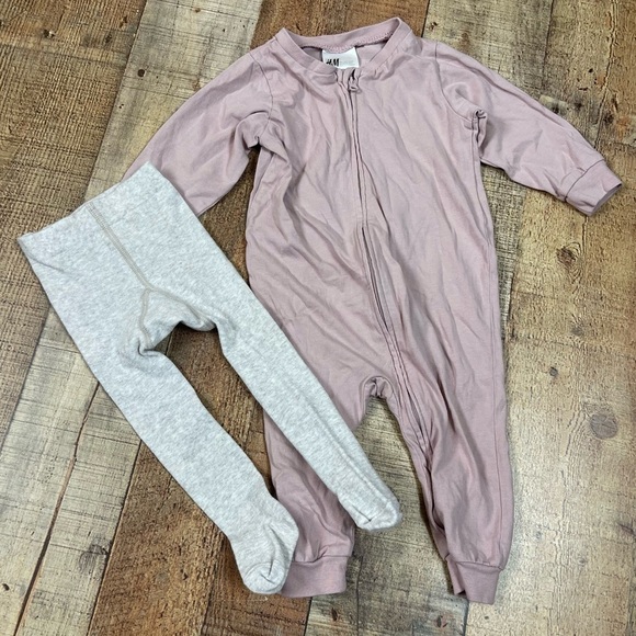 H&M 3-6 Months Mauve Minimalist Zipper Sleeper Oatmeal Tights Fall Spring Summer - Picture 1 of 8